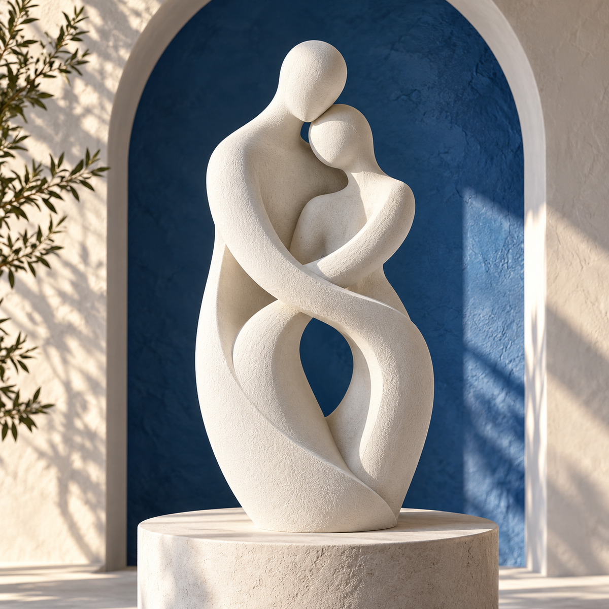 qevzunyl White Abstract Embrace Sculpture — styled interior view