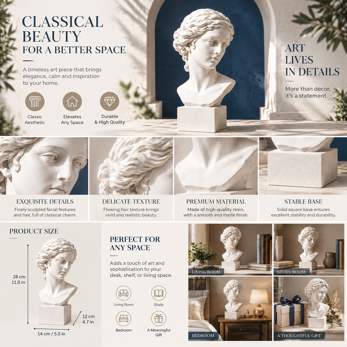 qevzunyl White Classical Bust — feature overview