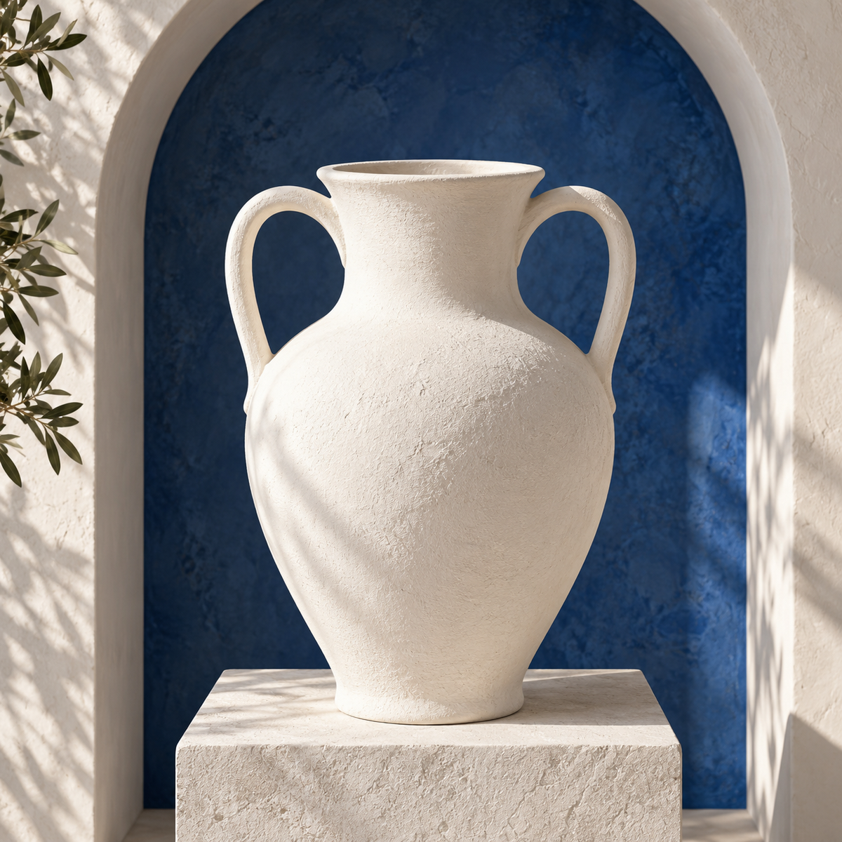 qevzunyl White Double-Handle Vase — styled interior view
