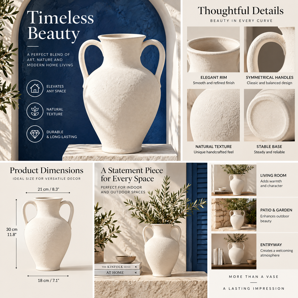 qevzunyl White Double-Handle Vase — feature overview