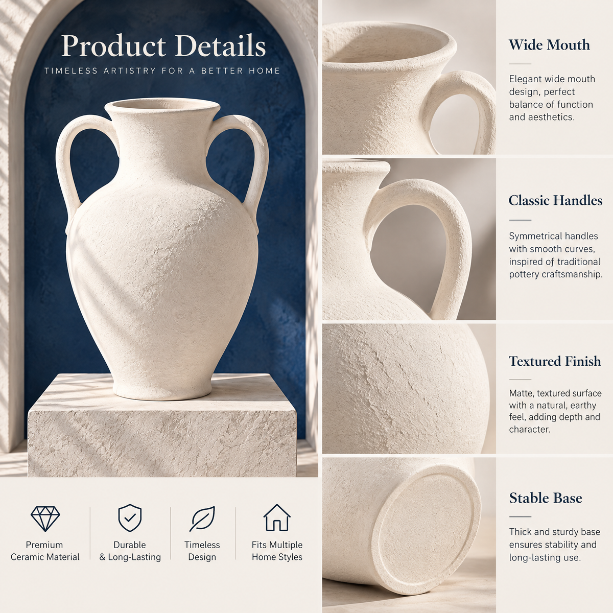 qevzunyl White Double-Handle Vase — design details