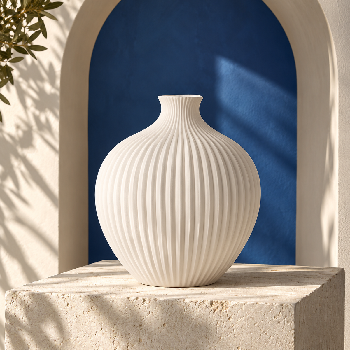 qevzunyl White Ribbed Round Vase — styled interior view