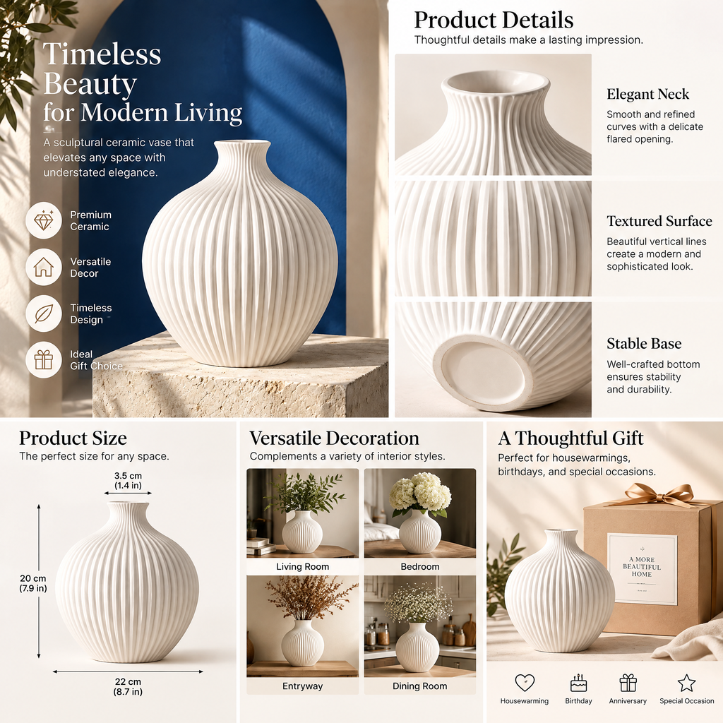 qevzunyl White Ribbed Round Vase — feature overview