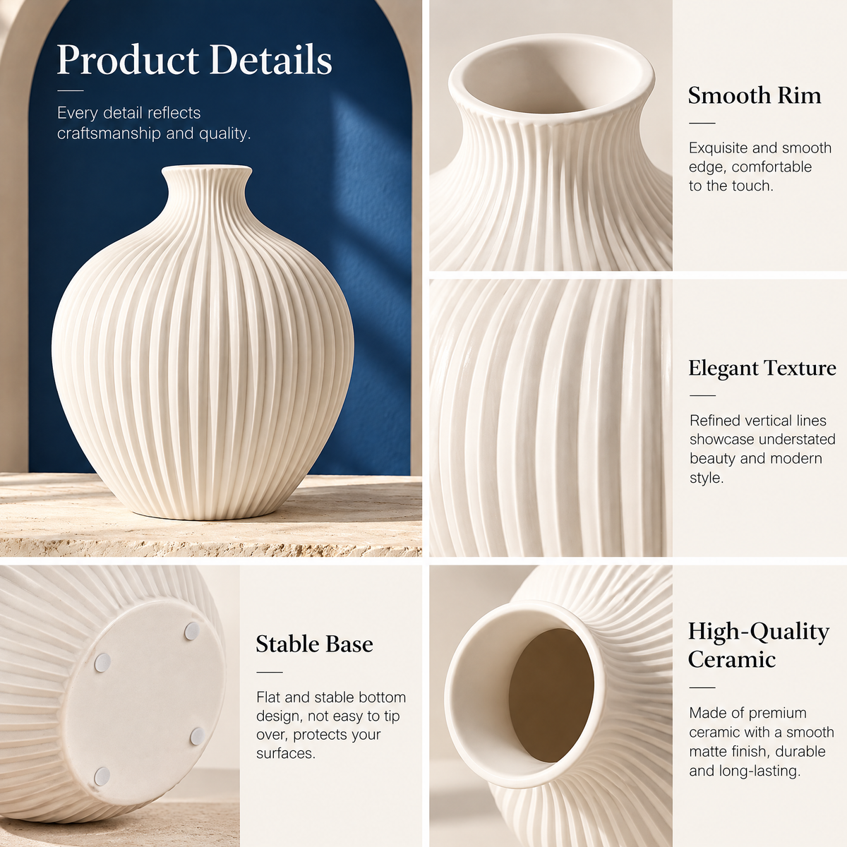 qevzunyl White Ribbed Round Vase — design details