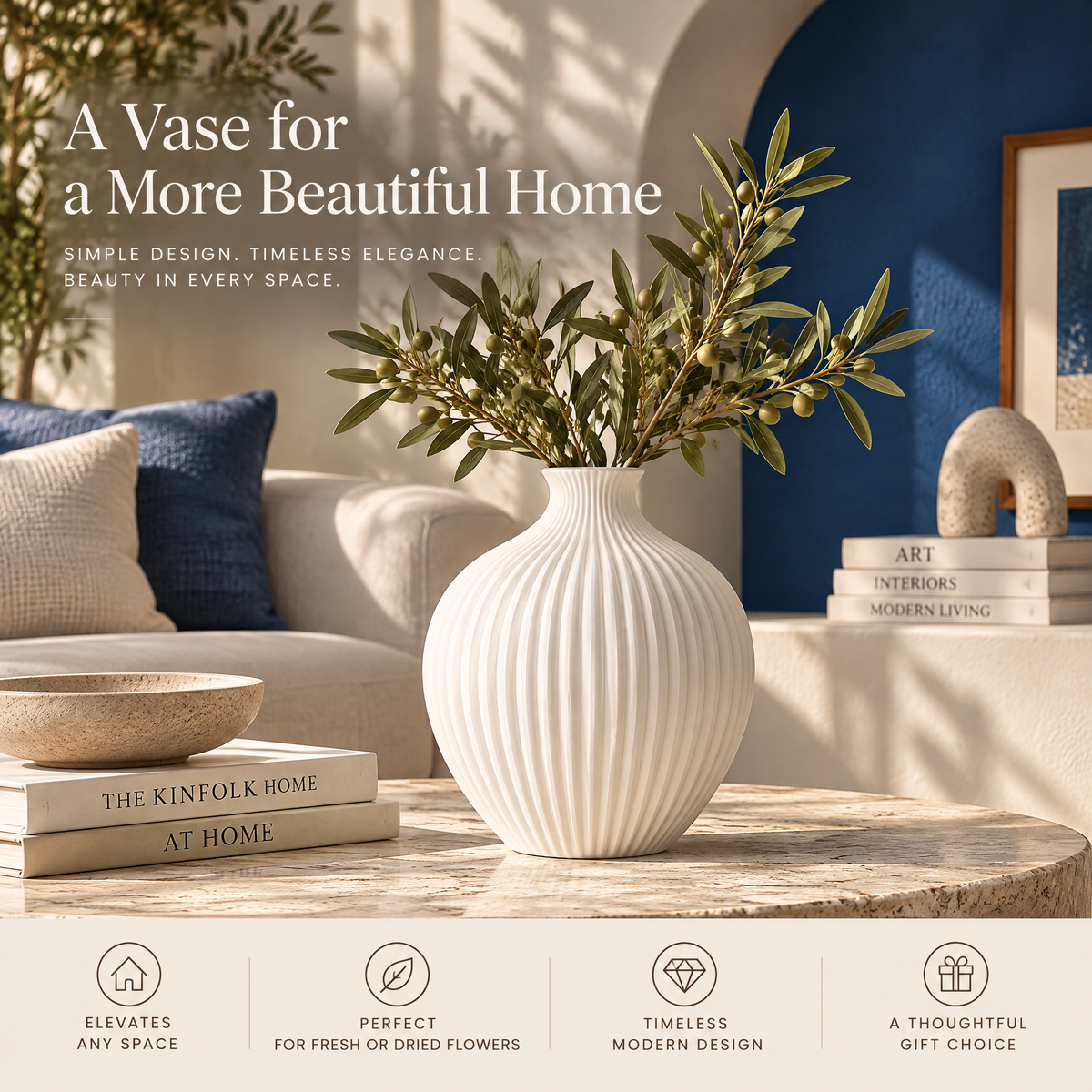 qevzunyl White Ribbed Round Vase — home styling ideas