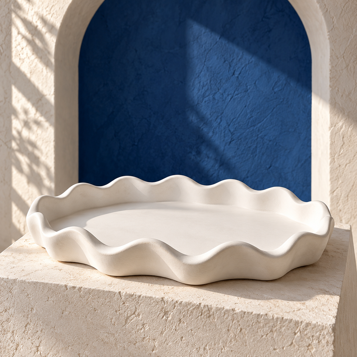 qevzunyl White Wavy-Edge Decorative Tray — styled interior view