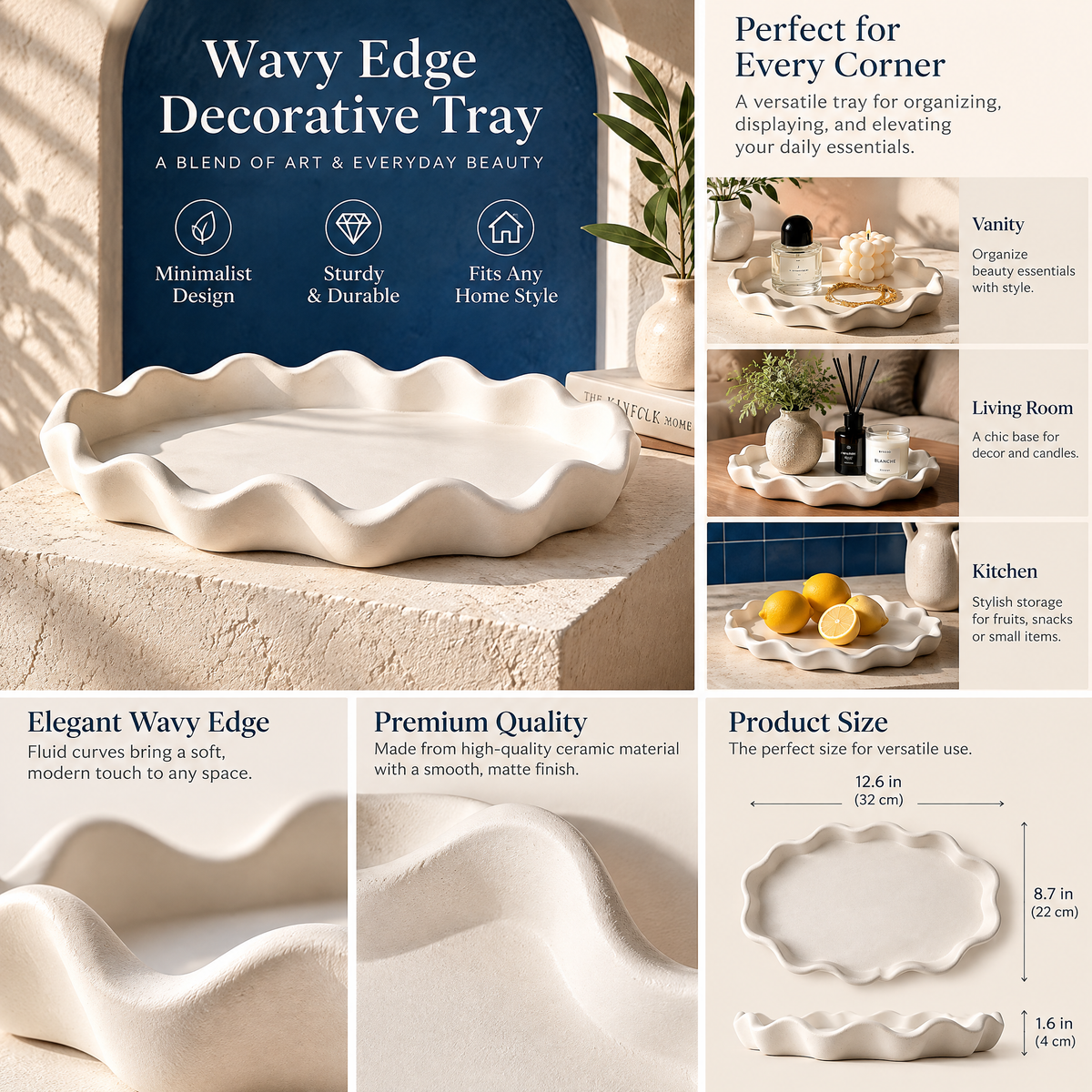 qevzunyl White Wavy-Edge Decorative Tray — feature overview