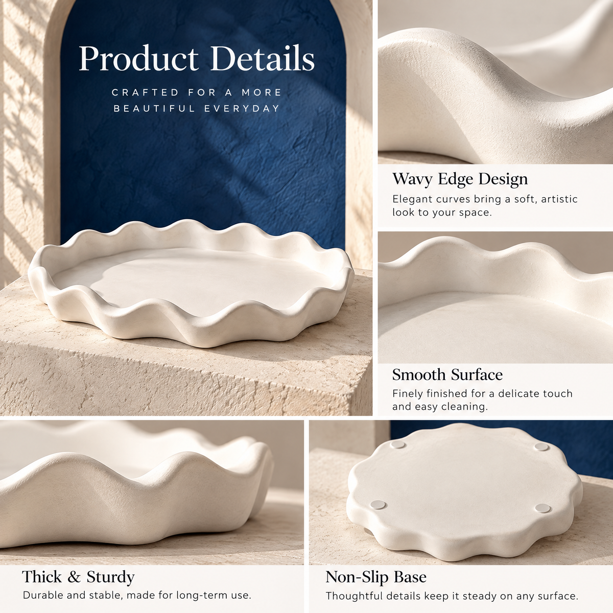 qevzunyl White Wavy-Edge Decorative Tray — design details