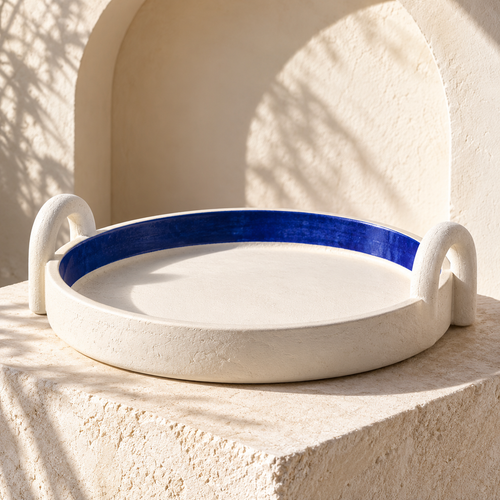 qevzunyl Blue-Rim Decorative Tray with Loop Handles — styled interior view