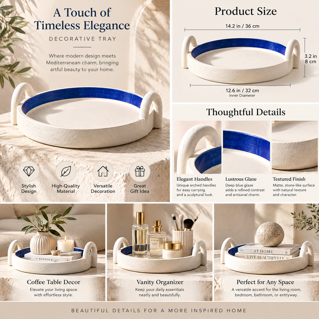 qevzunyl Blue-Rim Decorative Tray with Loop Handles — feature overview