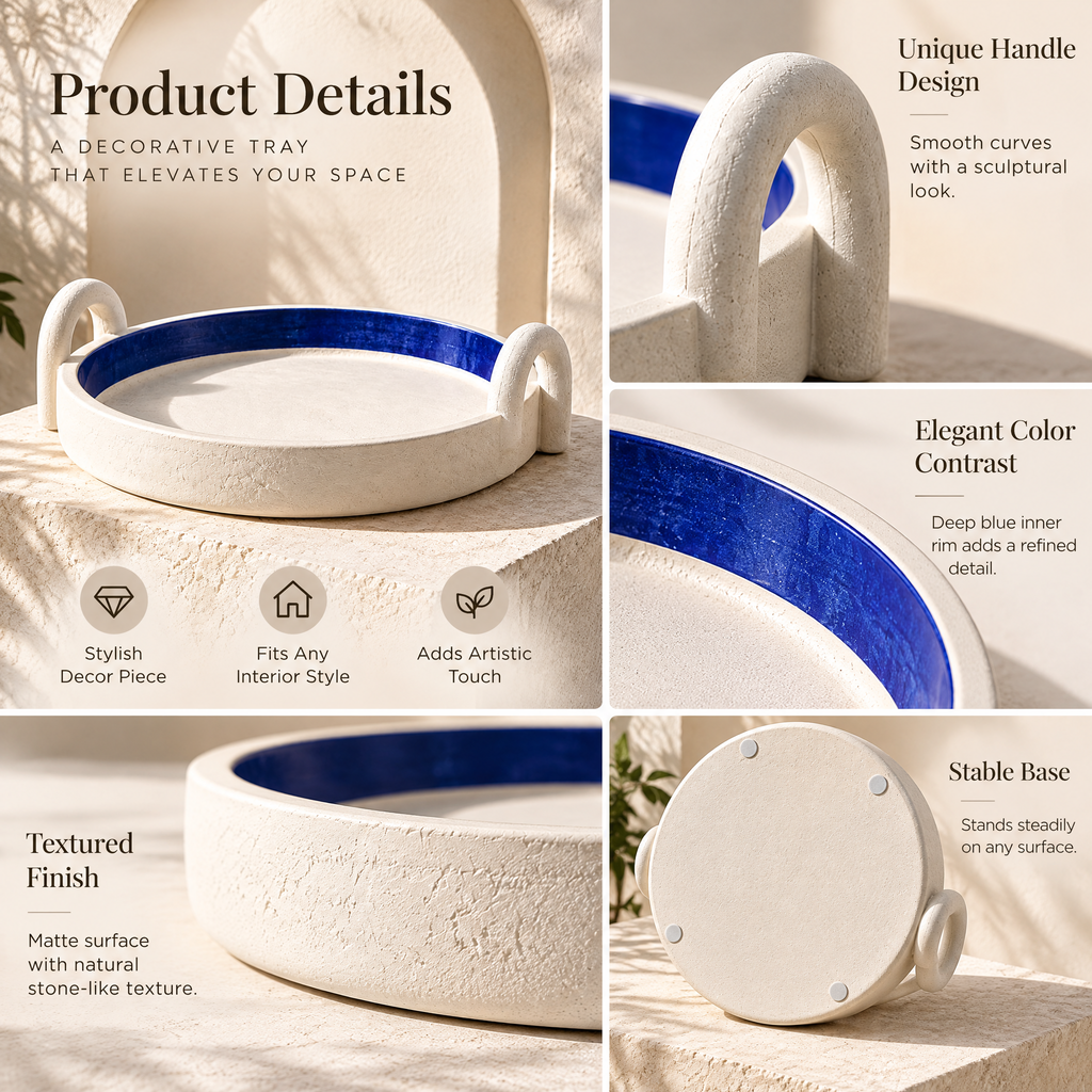 qevzunyl Blue-Rim Decorative Tray with Loop Handles — design details