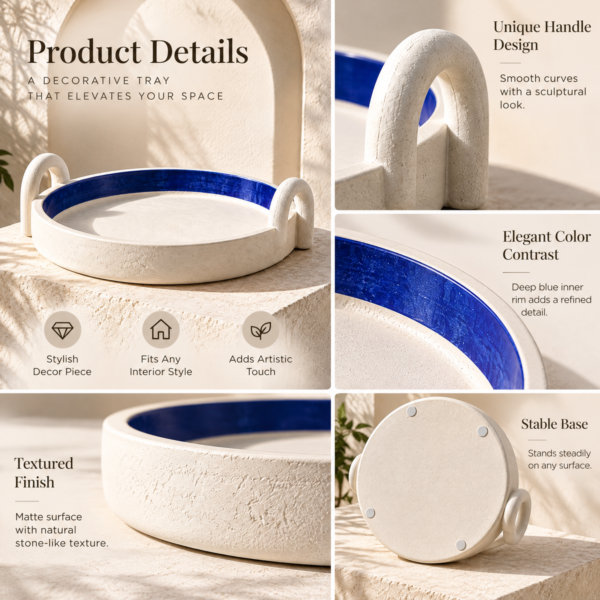 qevzunyl Blue-Rim Decorative Tray with Loop Handles — design details